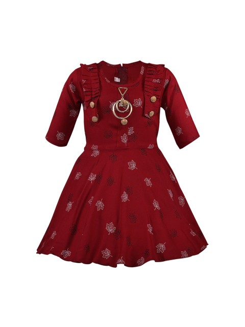 

Wish Karo Girls Maroon Self Design Fit and Flare Dress