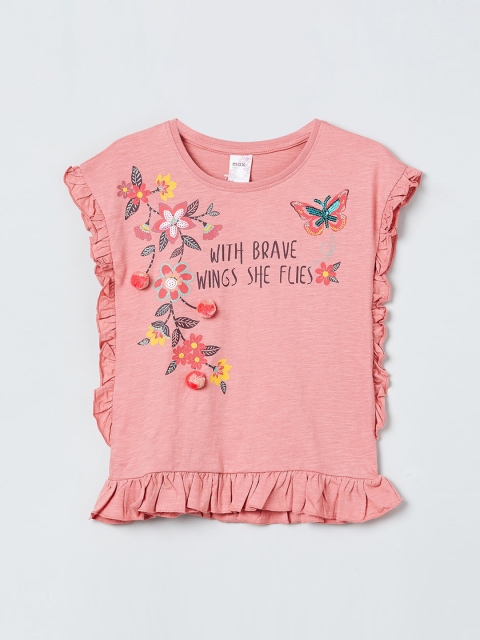 

max Girls Peach-Coloured Floral Printed Pure Cotton Top