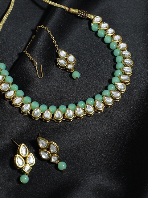 

KARATCART Gold-Plated White & Sea-Green Kundan-Studded Beaded Handcrafted Jewellery Set