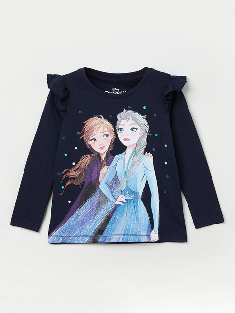 

max Girls Navy Blue Frozen Printed Pure Cotton Top