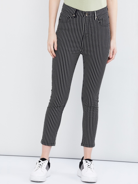 

max Women Black & White Smart Slim Fit Striped Regular Trousers
