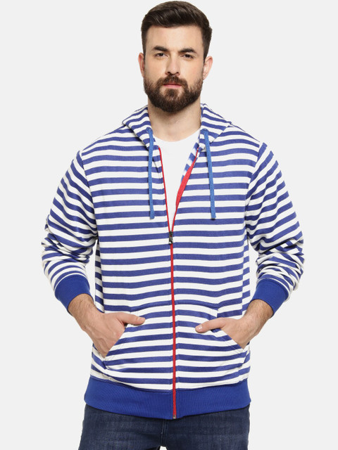 

Campus Sutra Men Blue & White Striped Hooded Sweatshirt
