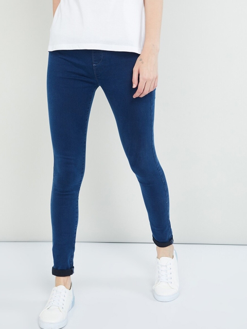 

max Women Blue Solid Skinny-Fit Jeggings