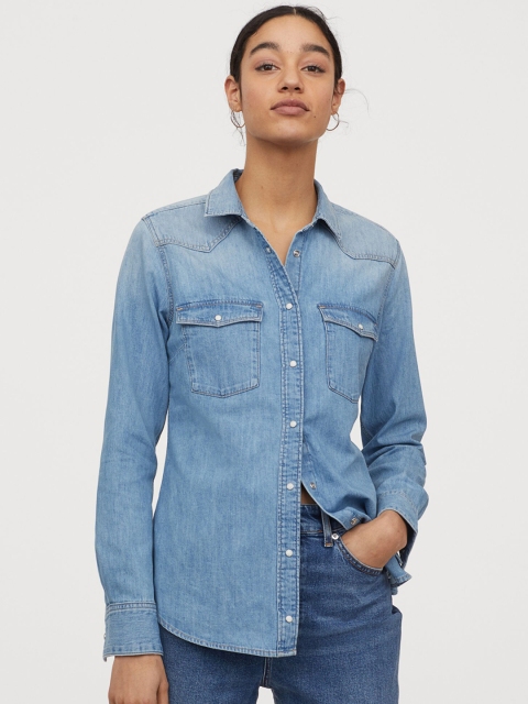 

H&M Women Blue Solid Denim Shirt