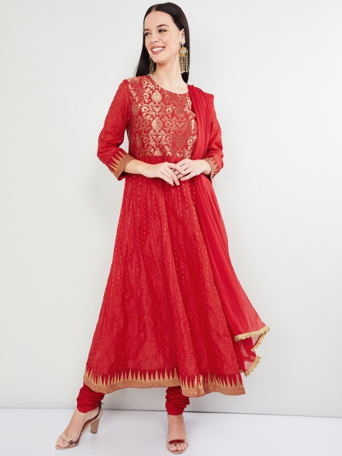 

max Women Red & Gold Woven Design Kurta with Churidar & Dupatta