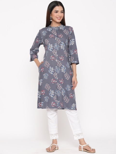 

Juniper Women Grey & Off-White Floral Print Straight Kurta