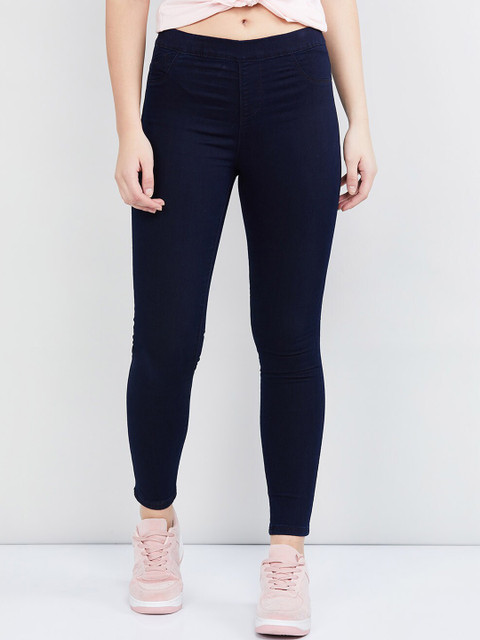 

max Women Navy Blue Solid Skinny-Fit Jeggings