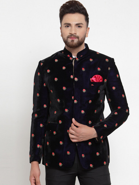

MAXENCE Men Navy Blue & Pink Embroidered Velvet Slim-Fit Bandhgala Blazer
