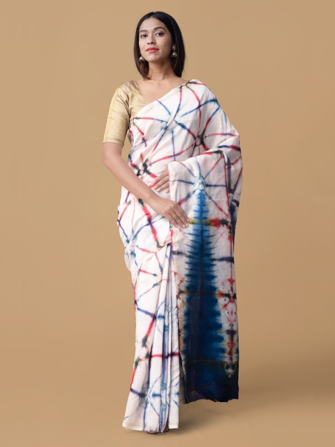 

Unnati Silks White & Blue Silk Cotton Checked Chanderi Saree