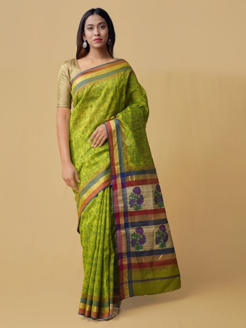 

Unnati Silks Green & Blue Silk Cotton Woven Design Handloom Maheshwari Saree