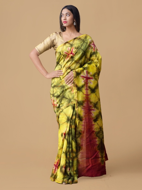 

Unnati Silks Yellow & Green Silk Cotton Dyed Chanderi Saree