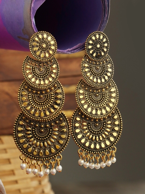 

ANIKAS CREATION Green Gold Plated Handcrafted Crescent Shaped Chandbalis