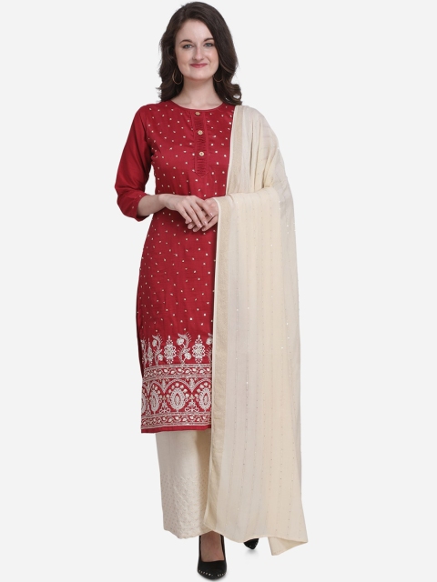 

Kvsfab Maroon & Beige Silk Blend Unstitched Dress Material
