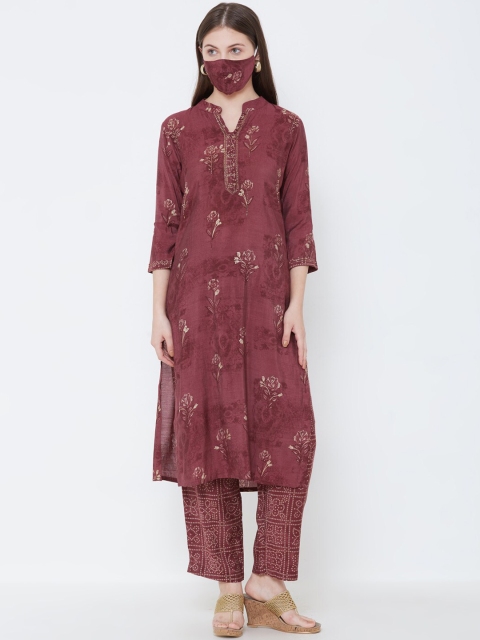 

FASHOR Women Mauve & Beige Bandhani Printed Kurta with Trousers & Mask