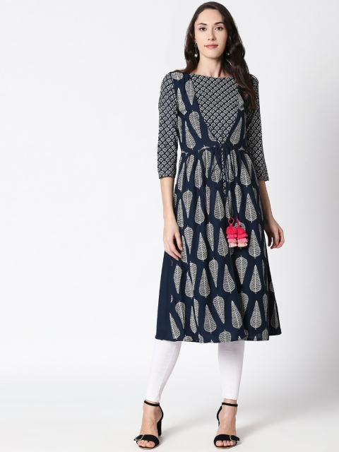 

HUUR Women Navy Blue & White Printed Straight Kurta With Jacket