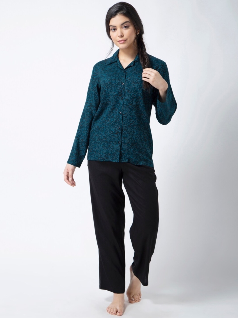 

ADORENITE Women Black & Blue Printed Night Suit