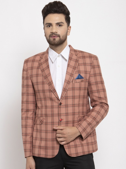 

NEUDIS Men Peach-Colour & Brown Checked Single-Breasted Formal Blazer