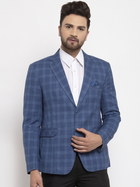 

NEUDIS Men Blue Checked Regular-Fit Single-Breasted Blazer