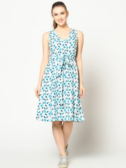 

SQew Women Turquoise Blue Printed Fit and Flare Dress