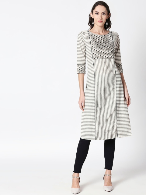 

HUUR Women Beige & Grey Striped Straight Kurta