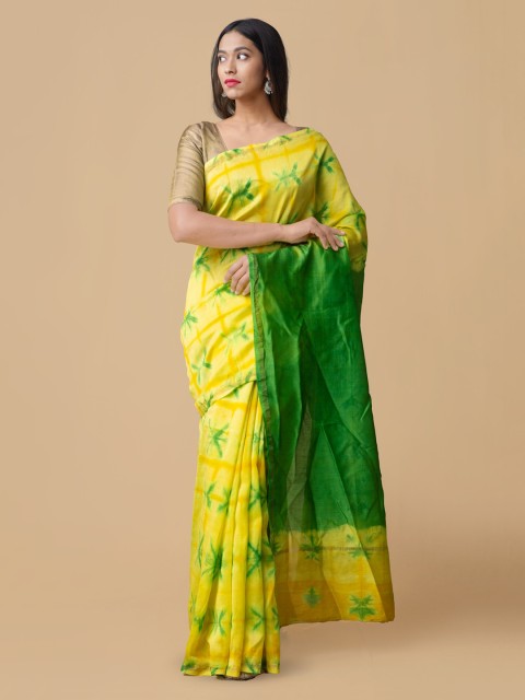 

Unnati Silks Yellow & Green Silk Cotton Dyed Chanderi Saree