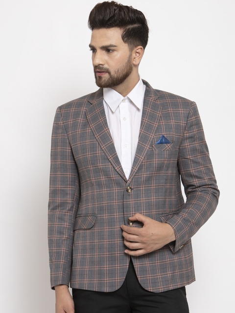 

NEUDIS Men Grey & Pink Checked Single-Breasted Formal Blazer