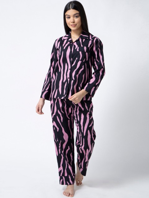 

ADORENITE Women Navy Blue & Pink Printed Night Suit