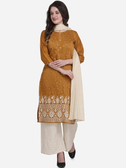 

Kvsfab Mustard & Beige Silk Blend Unstitched Dress Material