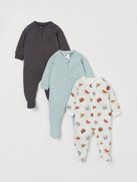 

H&M Boys Multicoloured 3-Pack Zip-Up Rompers, Multi