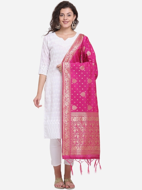 

SHEEYA Fuchsia Pink & Gold-Plated Woven Design Banarasi Pure Silk Dupatta