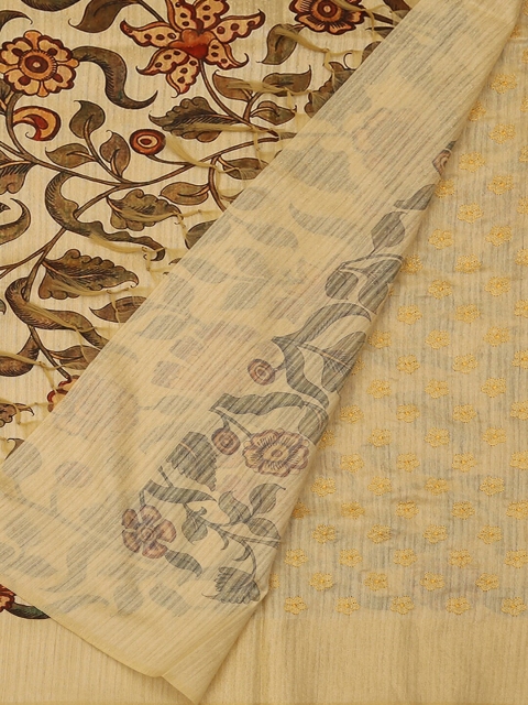 Pothys Cream-Coloured Printed Jute Silk Saree