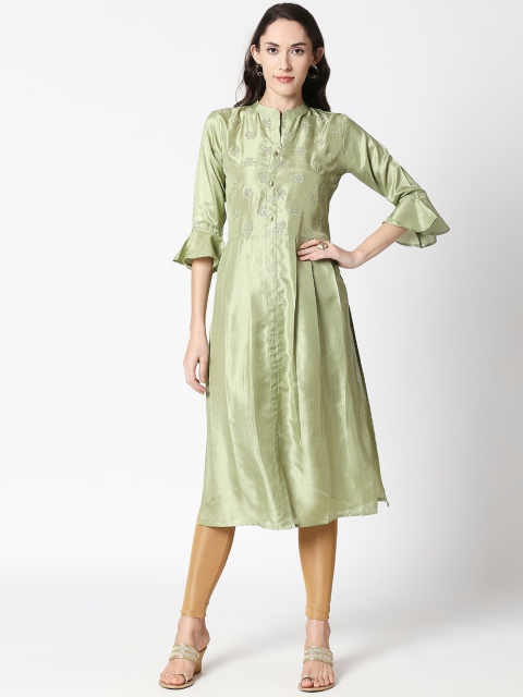 

HUUR Women Green Woven Design A-Line Kurta