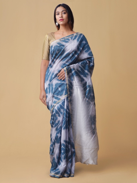 

Unnati Silks Blue & White Silk Cotton Printed Chanderi Saree