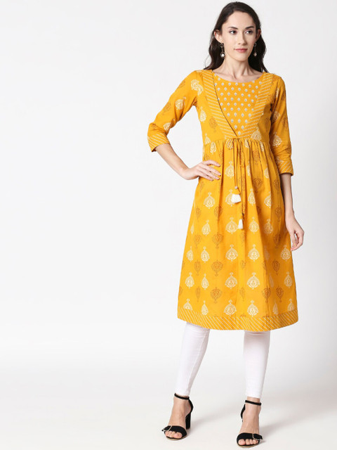

HUUR Women Yellow Printed A-Line Kurta