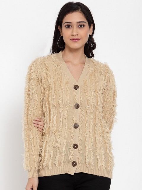 

Kalt Women Beige Self Design Cardigan Sweater