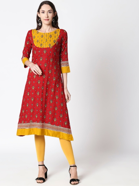 

HUUR Women Red & Mustard Printed A-Line Kurta