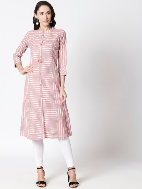 

HUUR Women Pink & White Striped Straight Kurta