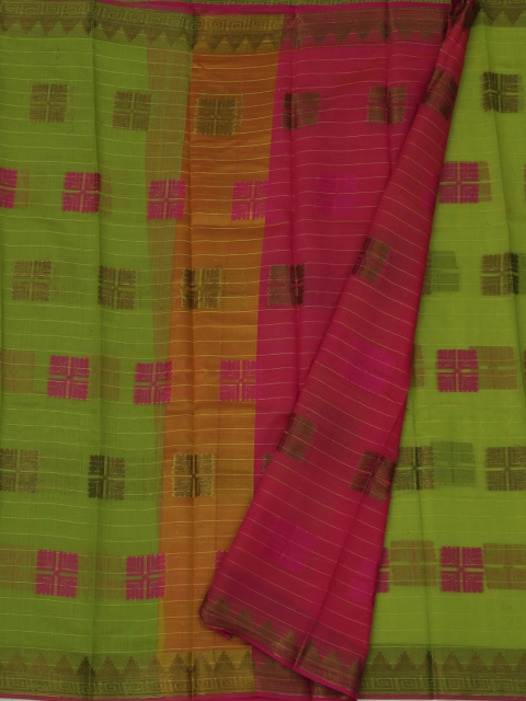 

Pothys Green & Pink Cotton Blend Checked Saree