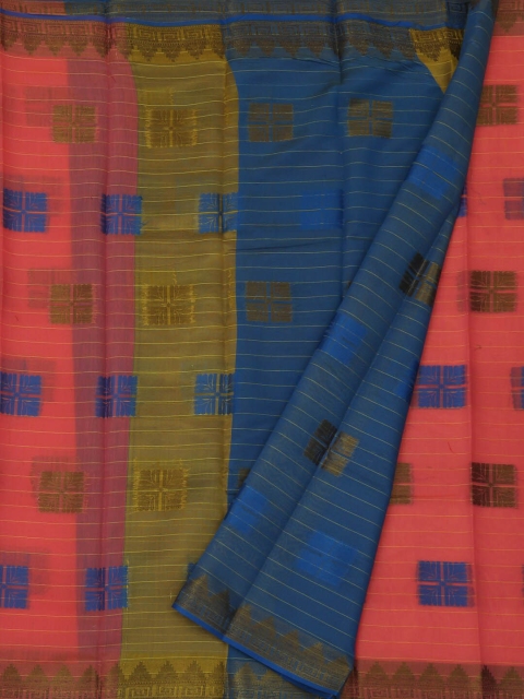 

Pothys Peach-Coloured & Blue Cotton Blend Woven Design Saree