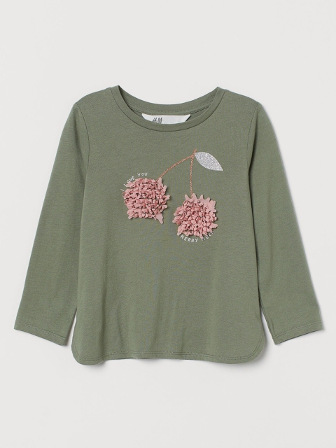 

H&M Girls Olive Green Motif-Front Jersey Top