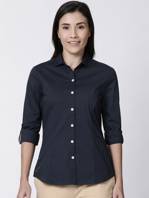 

TWIN BIRDS Women Navy Blue Slim Fit Solid Formal Shirt