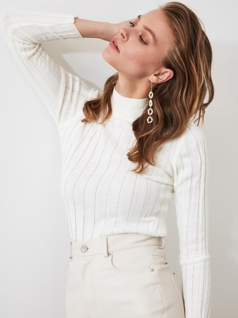 

TRENDYOL COLLECTION Women Off-White Striped Pullover Sweater