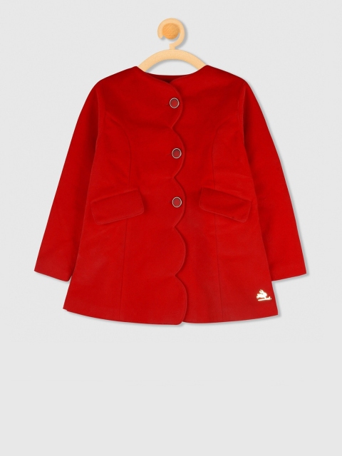 Cherry Crumble Girls Red Solid Velvet Overcoat