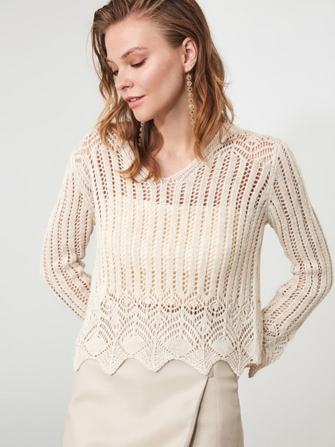 

TRENDYOL COLLECTION Women Beige Self Design Pullover Sweater