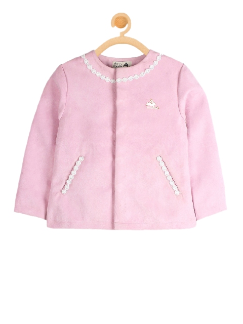 

Cherry Crumble Girls Pink Solid Suede Overcoat