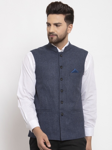 

NEUDIS Men Blue Solid Woollen Woven Nehru Jacket