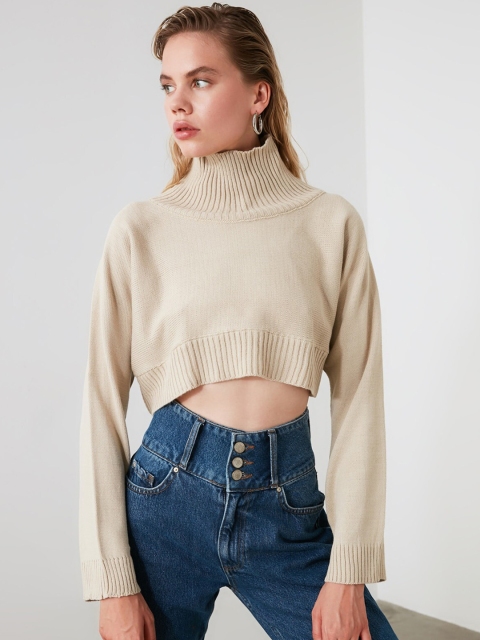 

TRENDYOL COLLECTION Women Beige Solid Crop Pullover Sweater