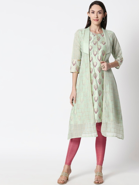 

HUUR Women Green & Pink Embroidered A-Line Layered Kurta