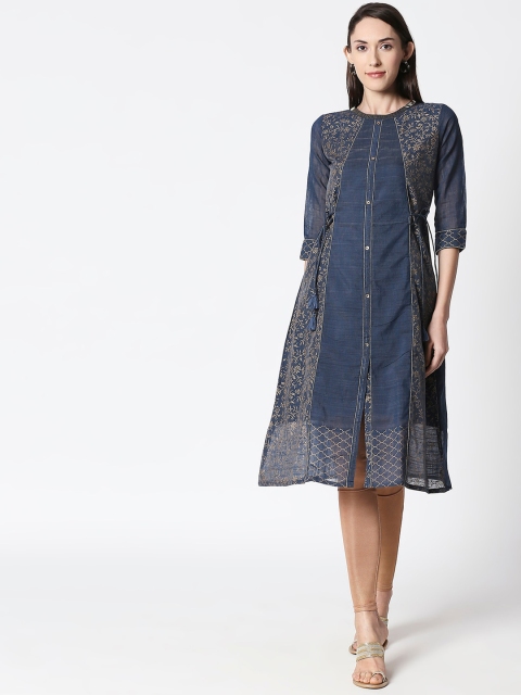 

HUUR Women Navy Blue & Gold-Coloured Woven Design A-Line Kurta