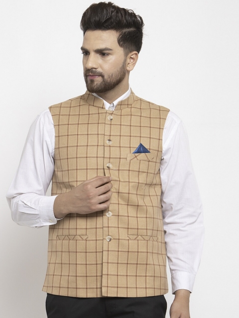 

NEUDIS Men Brown Checked Regular-Fit Woven Nehru Jacket